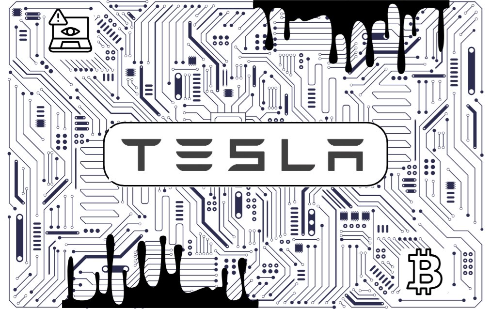 Circuit board key card design with Tesla wordmark and Bitcoin logo, made by a customer
