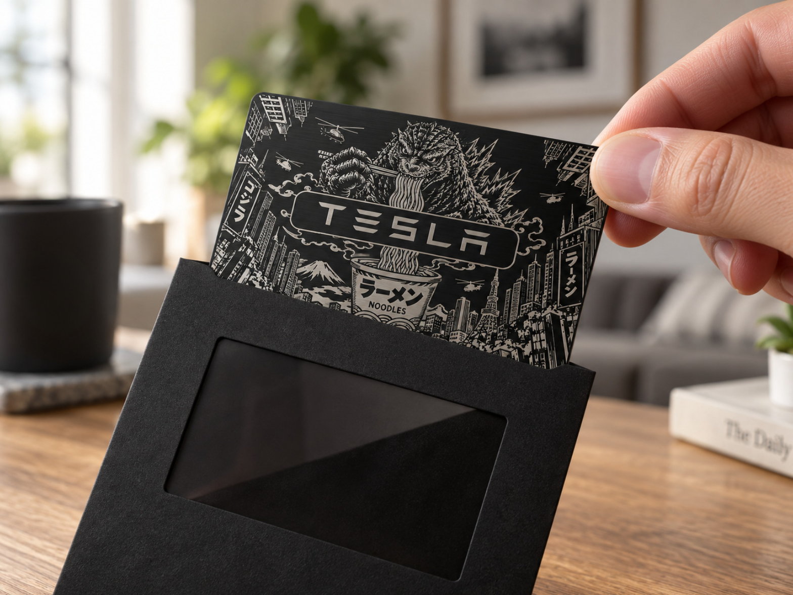 A finished engraved Tesla key card being pulled from its black presentation sleeve