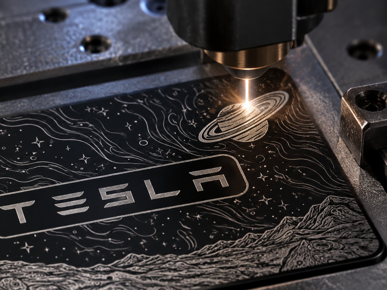 A laser engraving a space scene onto a black Tesla key card