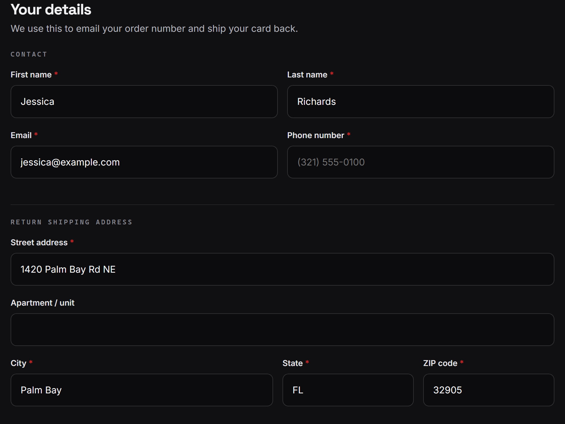 The Your details form from the order page: contact fields and a return shipping address