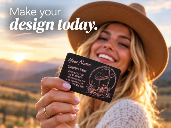 Make your design today. A smiling woman in a wide-brimmed hat holds up a black NFC business card engraved in rose with a name, contact details and a cowboy boot