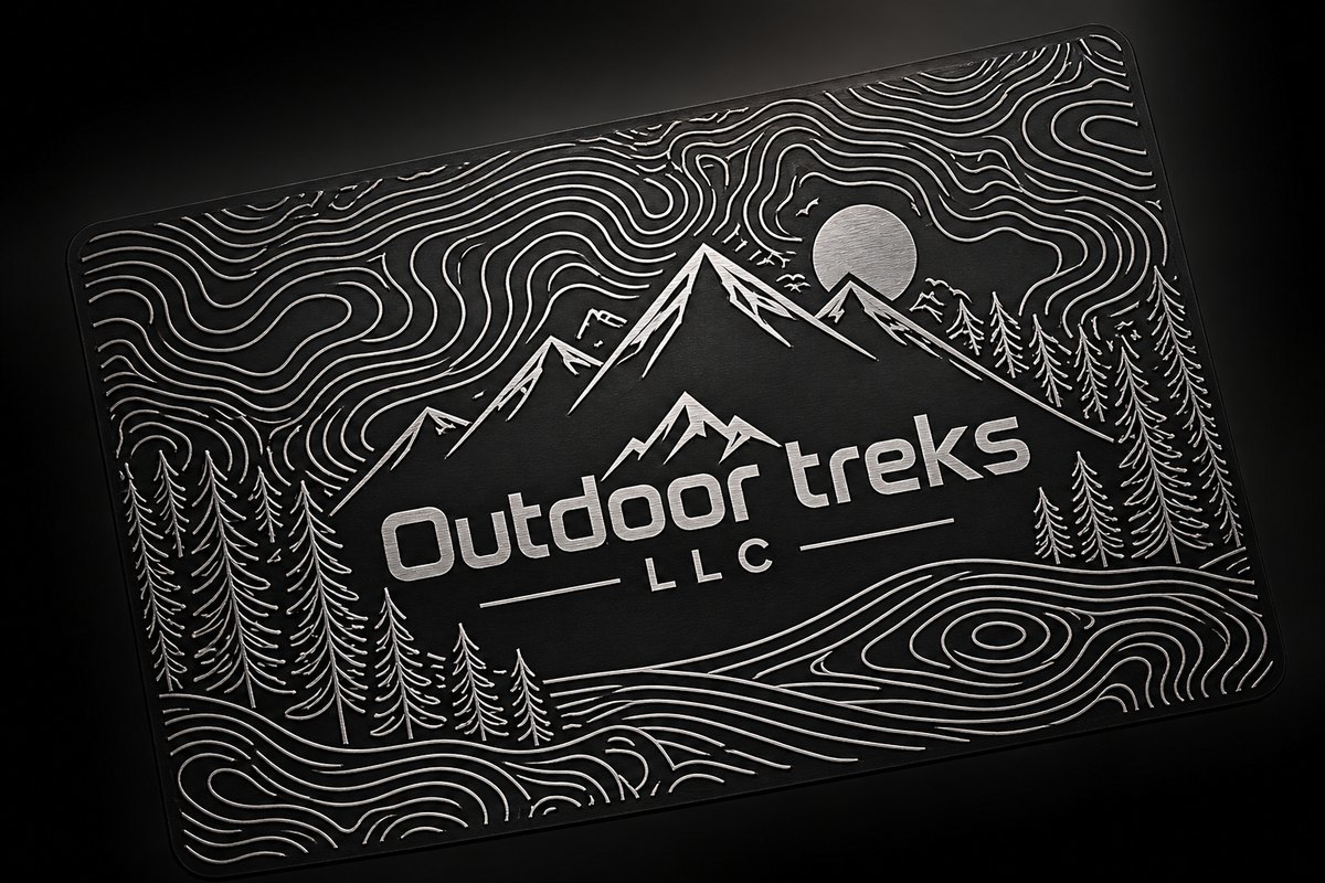 A black NFC business card engraved in silver with mountains, pine trees and a company name